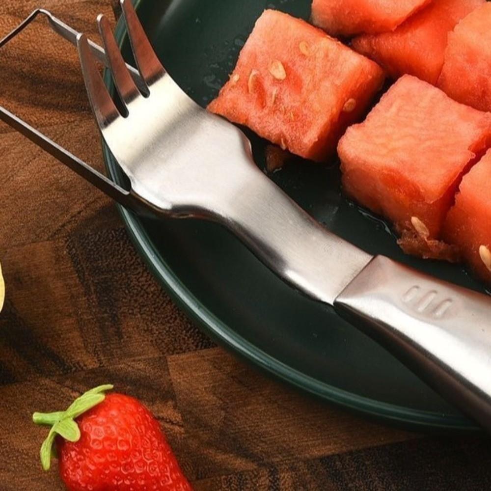 2-in-1 Watermelon Fork Cutter Stainless Steel Comfortable Grip Watermelon Fork Slicer Portable Rust-proof Watermelon Cube Cutter