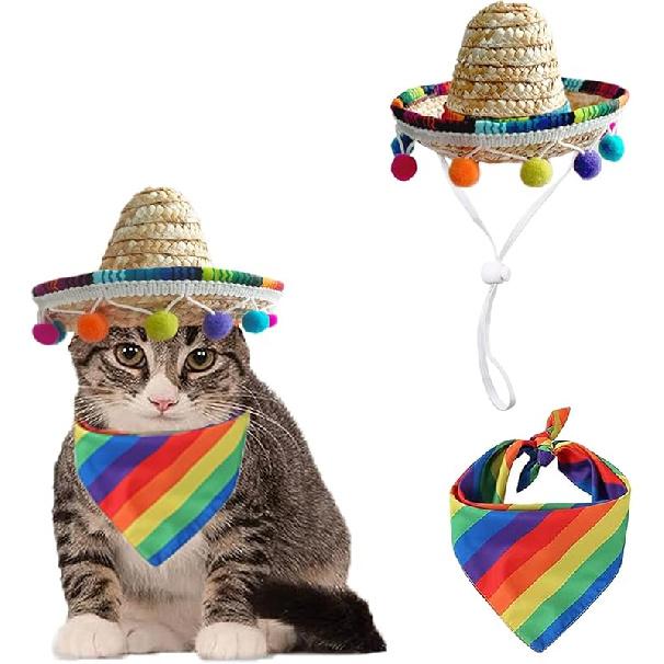 Cat Sombrero Cat Hats Bandana Scarf Rainbow Scarf Pet Straw Hat Cinco De Mayo Pet Hats Mini Sombrero Hat for Cat Puppy Small Dog