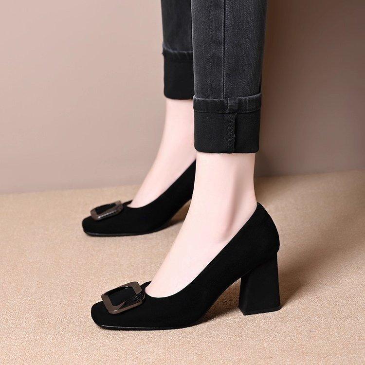 French square buckle women's shoes suede single shoes 2025 autumn new temperament square head shallow mouth high heels work commuter shoes