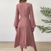Spring and Summer Fashion V-Neck Lantern Long Sleeved Dress with Twisted Edges, Elegant Mid Length Dress