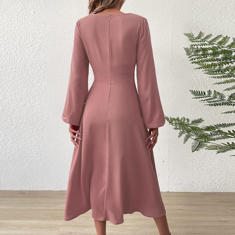 Spring and Summer Fashion V-Neck Lantern Long Sleeved Dress with Twisted Edges, Elegant Mid Length Dress