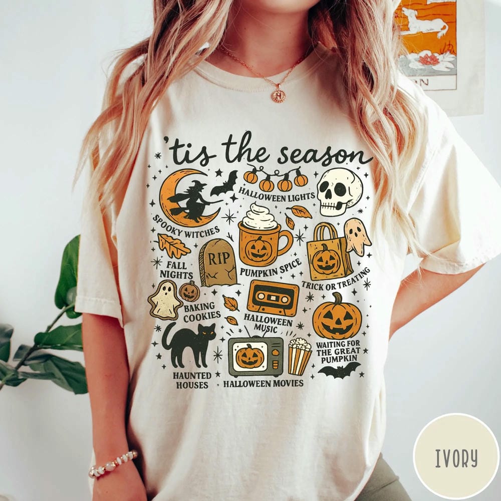 Women Vintage Dark Academia Vintage Halloween Comfort Shirt Tis the Season Pumpkin Witch Graphic Tshirt Unisex Top Streetwear