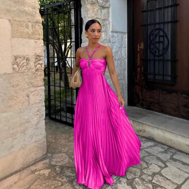 2025 Solid Color Ruched Strapless Sleeveless Maxi Dress Women Elegant Office Wear Loose Fit High Waist