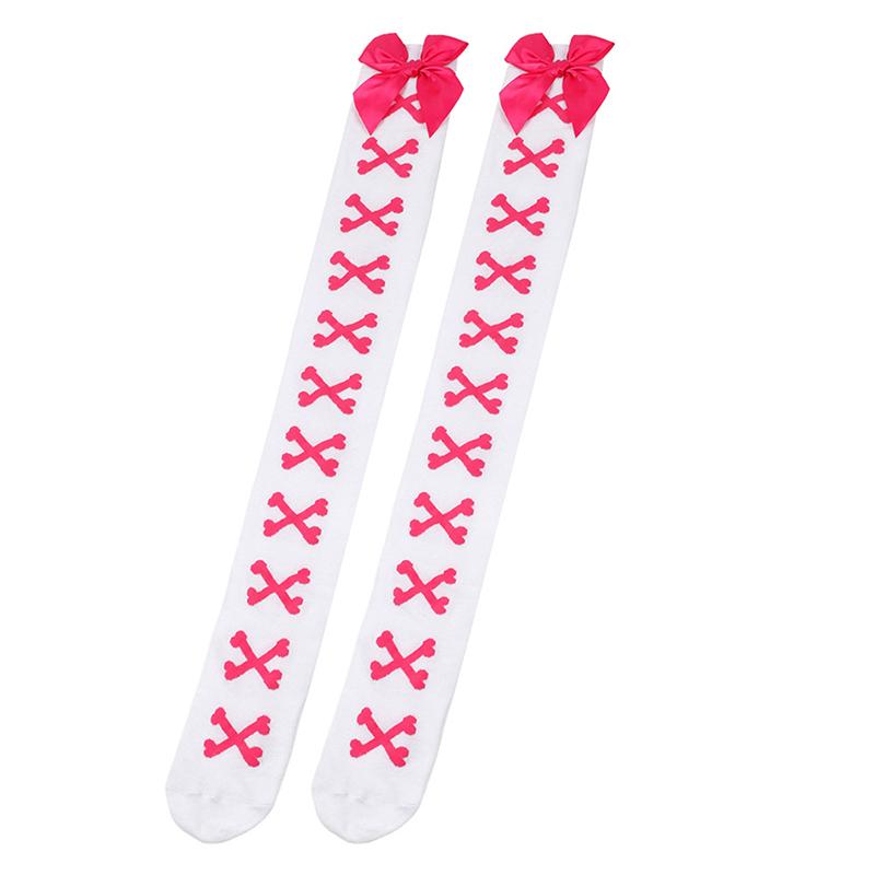 1 Paar Mädchen Schwarz Süß Niedlich Rosa Y2K Harajuku Lolita Oberschenkelhohe Strümpfe Mädchen Knochen Schleife Socken Streetwear