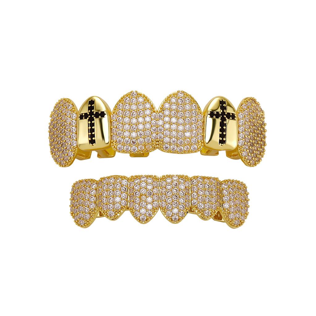 Hot Selling Cross Vampire Fangs Dental Grillz Full Paved Zircon Real Gold Plated Hip Hop Halloween Teeth Jewelry