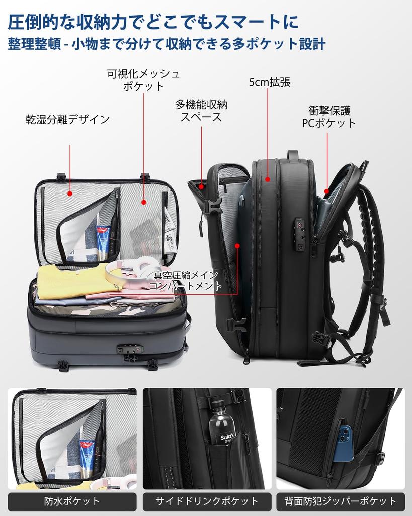 Sea Choice Business Backpack, Expandable Vacuum Compression Backpack, Large Capacity 60L, Carry-on Compatible, One-Touch Compression, Waterproof,