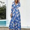 Elegant Loose Printing Long Dresses Spring Women V Neck Pullover Long Sleeves Dress High Waist Casual Ankle Length Dress