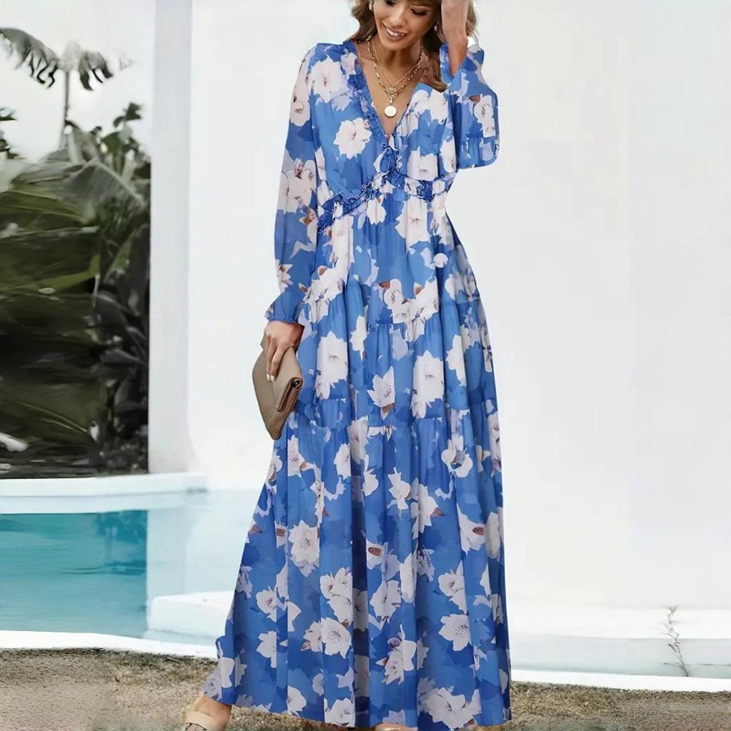 Elegant Loose Printing Long Dresses Spring Women V Neck Pullover Long Sleeves Dress High Waist Casual Ankle Length Dress