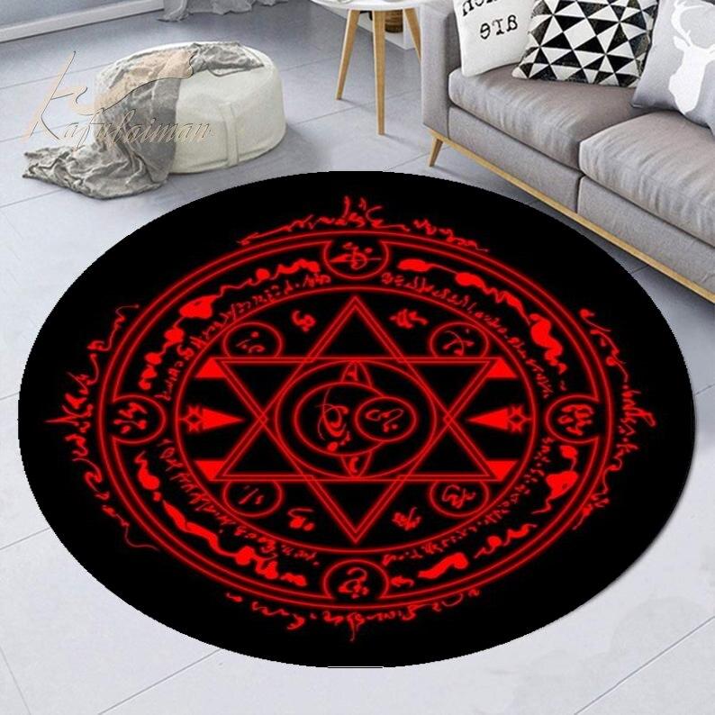Red Sigil of Baphomet and Lucifer Premium Round Rug Personalized Rug Housewarming Gift Family Welcome Mat Funny Personalized Rug