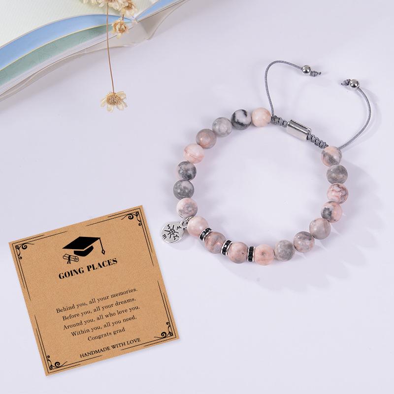 Pink Crystal Compass Bracelet: Handwoven Natural Stone, Graduation Gift