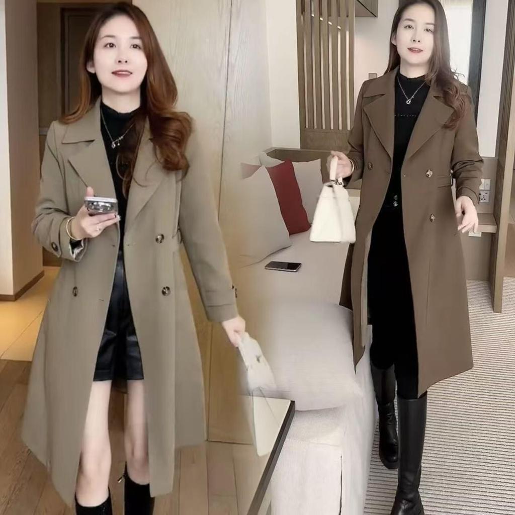 Women's Fleece-Lined Mid-Length Windbreaker - 2025 Autumn/Winter Korean Style Suit Collar Coat
