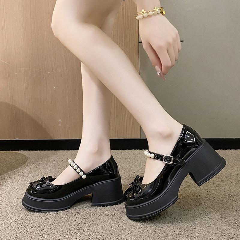 Pearl belt platform Mary Jane shoes autumn 2025 new bow thick heel single shoes women's versatile casual women's shoes