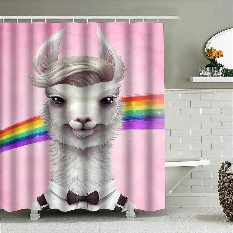 Rainbow Llama Shower Curtain Pink Background With White Furry Character Costume Shirt Bow Tie Design For Bathroom Decorations