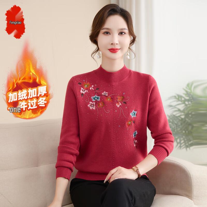 

Mid-Aged Women s Half-High Collar Plush Floral Sweater