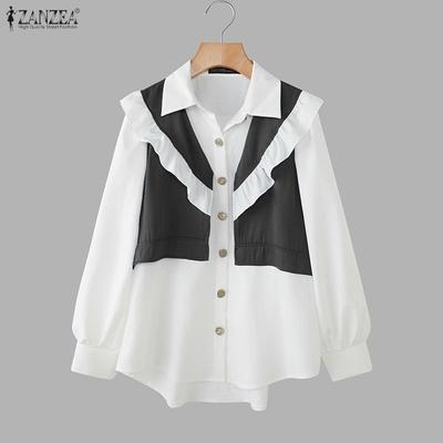 Women Casual Turn Down Collar Long Sleeve Patchwork Blouse