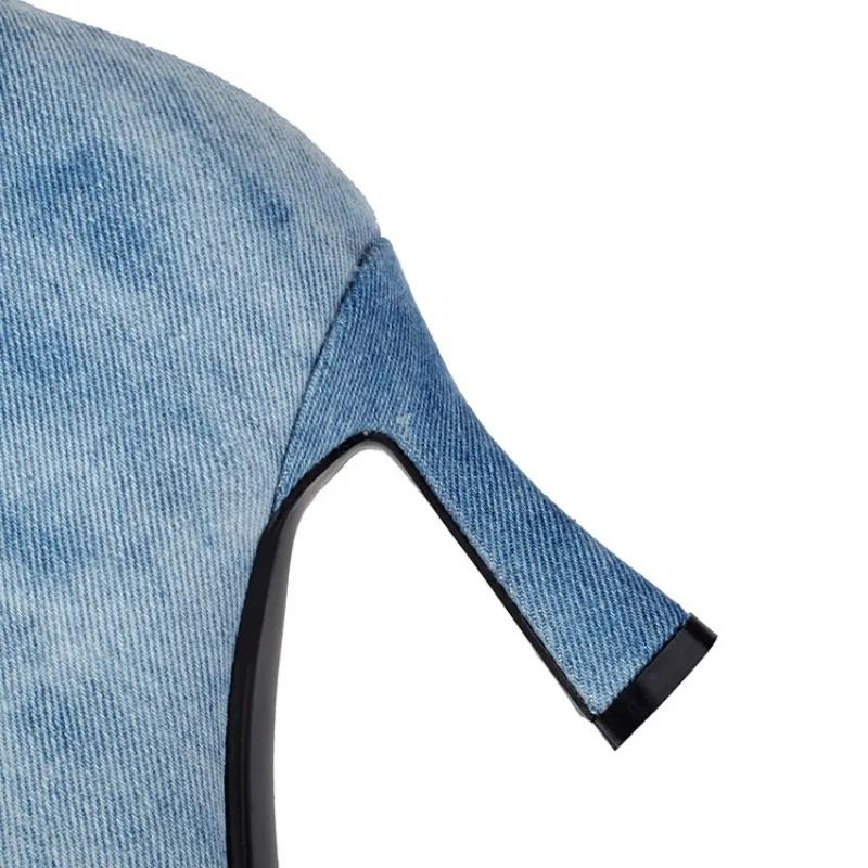 Fashion New Blue Denim Cross Strap Mid-calf Boots Autumn Winter Fashion Black 8cm High Heel Plush Warm Women's Long Boots Size 34-48