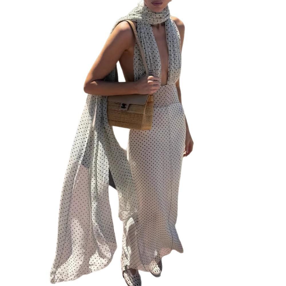 2026 Spring and Summer New Deep V Halter Polka Dot Neck Temperament Long Dress Banquet Fashion Slim Dress