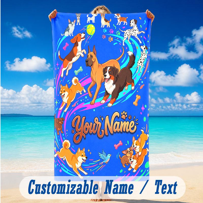 Dog Theme Beach Towel Personalized Custom Name & Text Soft Quick Dry Beach Towel for Swimming Travel