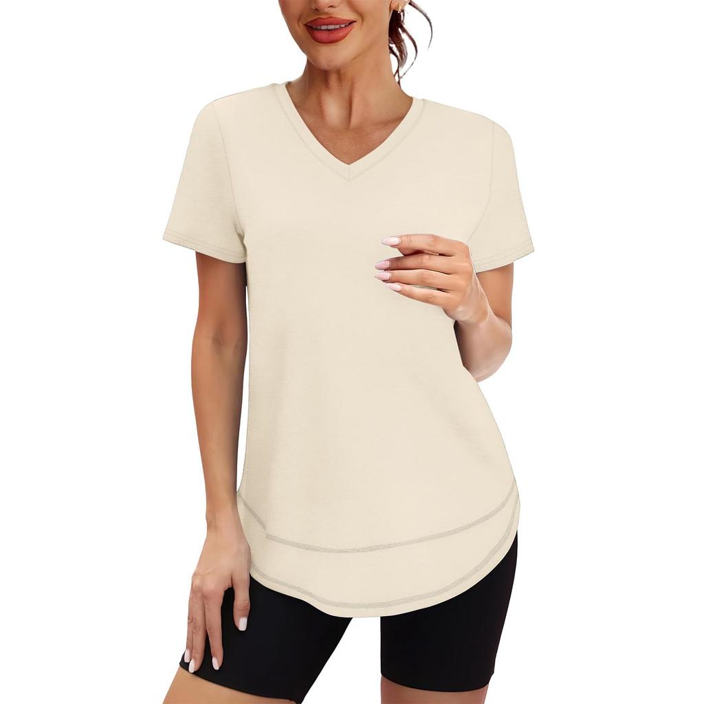 Women's Casual Loose-Fit Fashionable -Color Short-Sleeve V-Neck Pullover T-Shirt
