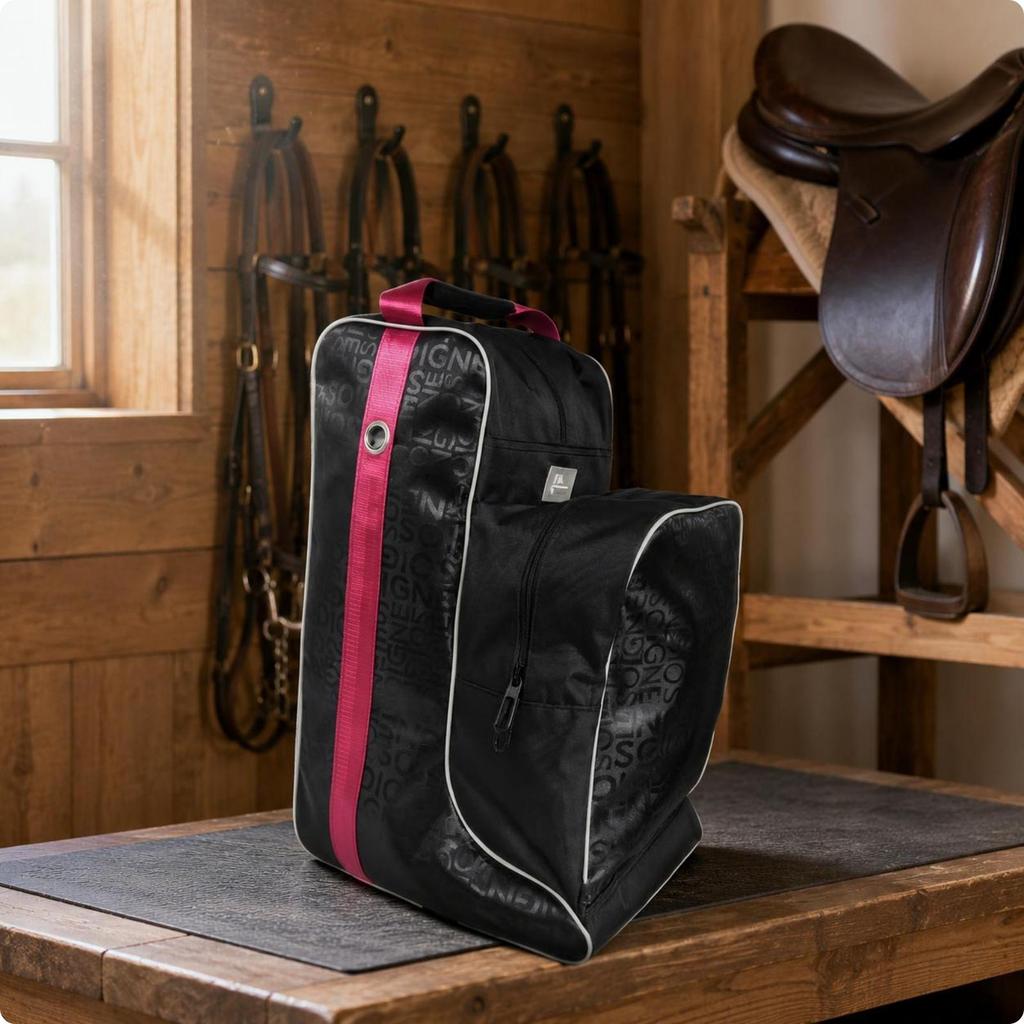 Equestrian Boot Bag Black Upright Storage Patterned Textile for Equestrians, Riders