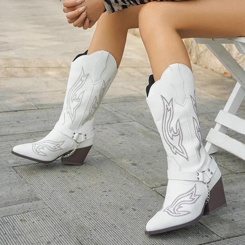 2025 Spring Retro Cowboy Boots Women Mid Calf Western Boots Woman Pu Leather Knight Booties Big Size Point Toe Waterproof Boots