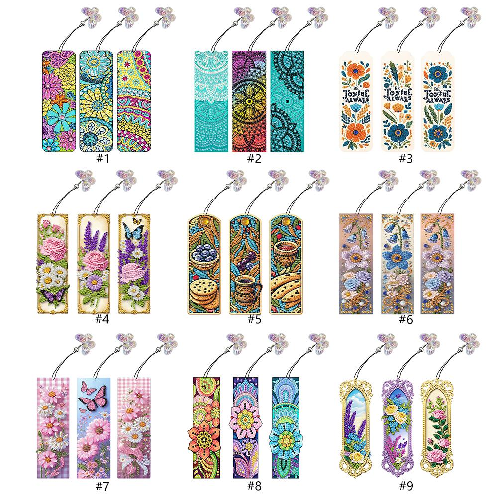 3Pcs Special Shaped Colorful Flower Diamond Bookmark Art Project DIY Diamond Bookmark with Crystal Pendant for Home Office