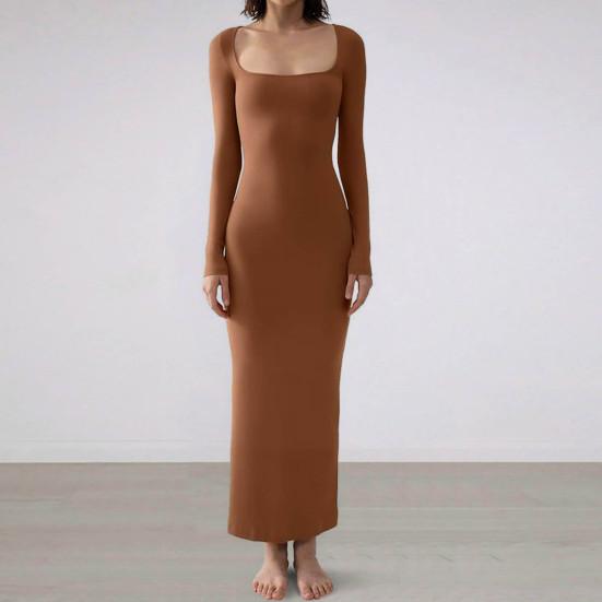 

Женское осенне-весеннее платье с глубоким вырезом и квадратным вырезом, с длинными рукавами, эластичное облегающее однотонное, мягкое, до щиколотки, женское платье макси M серый