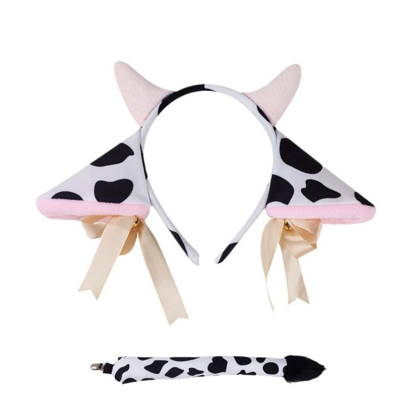 Cow Costume Set Lovely Cow Ear Hair Hoop Mesh Skirt Cow Ear Headband Plush Tail Bowtie Party Supplies for Halloween