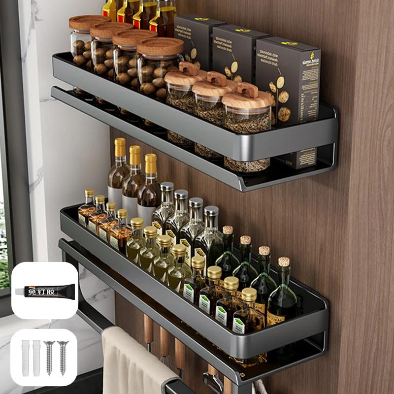 

Heavy Duty Carbon Steel No Drill Wall Mount Kitchen Rack Adjustable Spice Organizer Shelf for Bottle Tool Storage Household