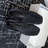 New Women Casual Shoes Square Toe Slip on Mesh Hollow Out Flats Rhinestone Solid High Quality Summer Beach Dress Holiday Sandals