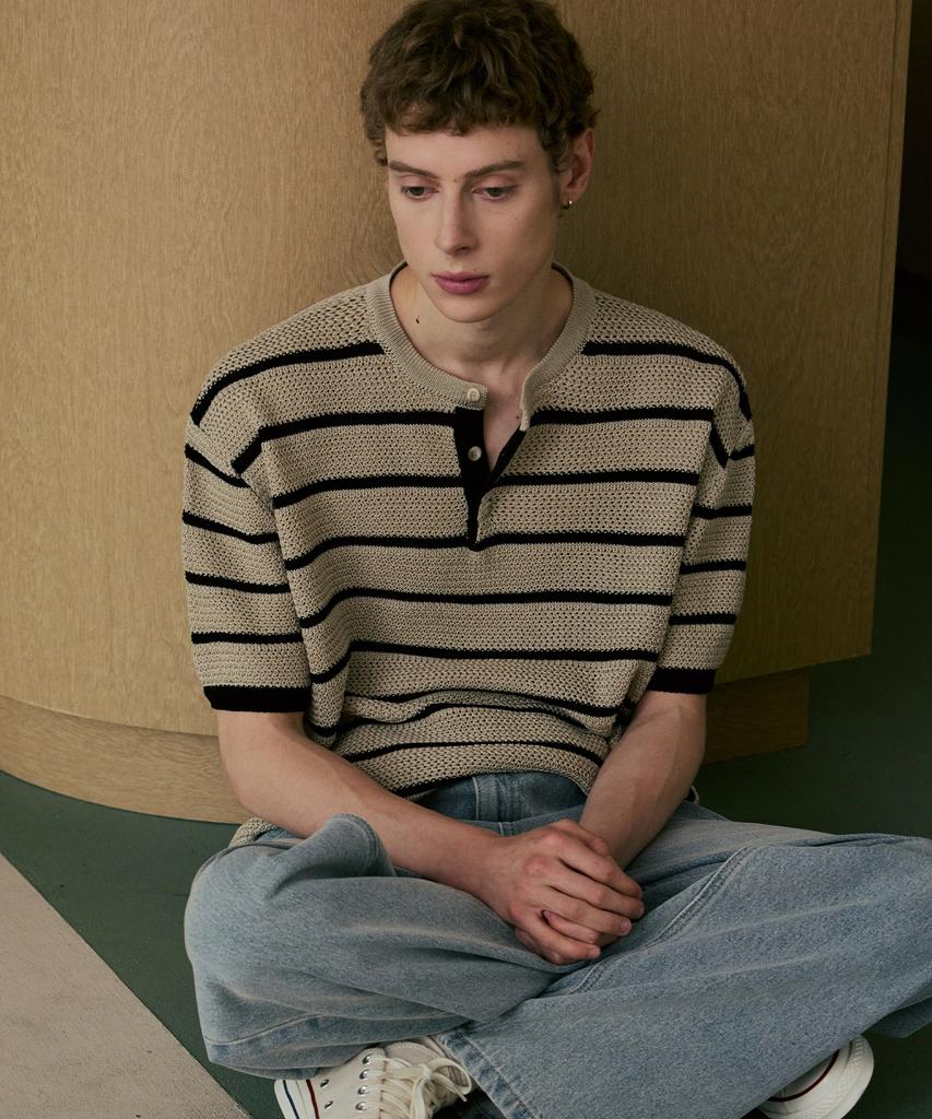 NODU Henley Neck Striped Short Sleeve Knit [3 Colors]