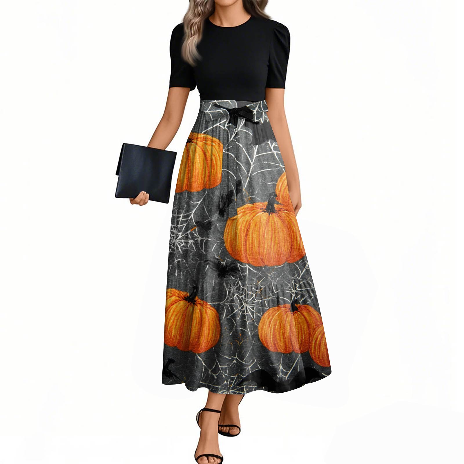 

Женское модное повседневное платье с поясом, с коротким рукавом, круглым вырезом и элегантным принтом на Хэллоуин M