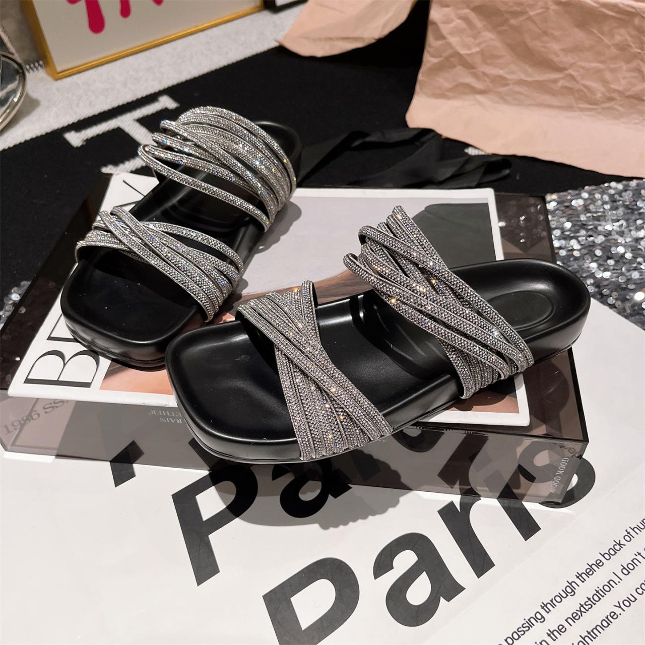 

2025 summer new rhinestone cross with platform one-word slippers women wear beach vacation open-toed sandals slippers 40