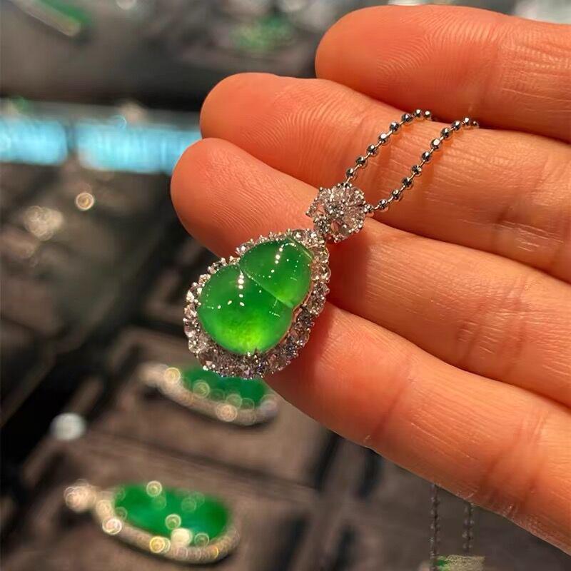 Green Jade Gourd Pendant with Silver Edging & Rhinestones - Elegant Women s Jade Necklace