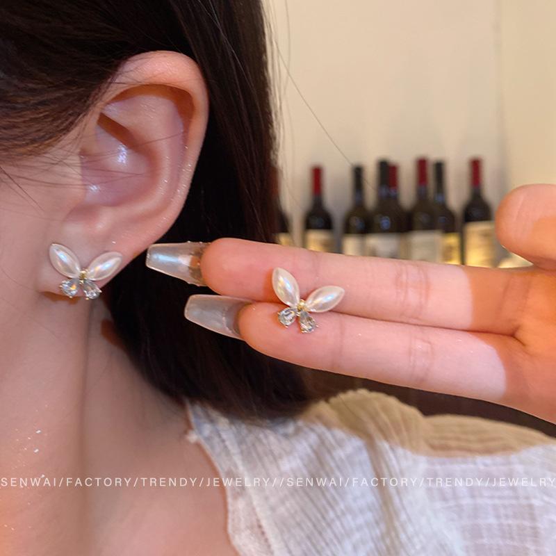 ins wind zircon pearl butterfly stud earrings femininity niche design earrings new earrings