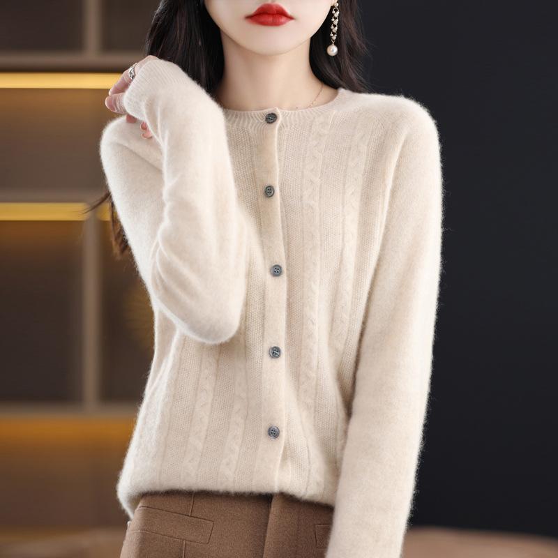 

New Cardigan for Women Round Neck Solid Color Loose Jacquard Jacket Sweater Fashionable Versatile Knit Top S