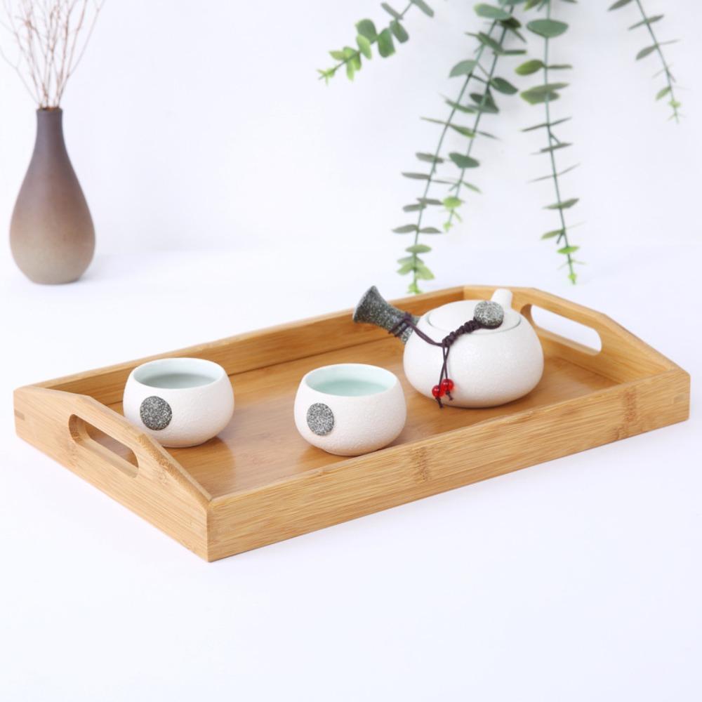 Aesthetic Bamboo Serving Tray with Handles Coffee Tea Tray Durable Food Storage Tray Cooking