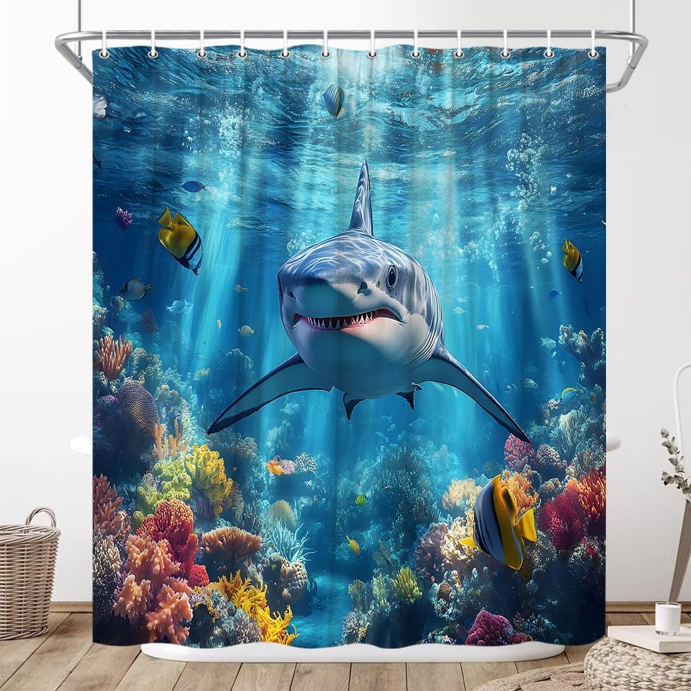 Žralok Sprchový závěs 3D Mořské Divoké Zvíře Oceán Moře Podmořský Svět Ryby Modrá Vlna Fantazie Mořské Koupelnové Dekorace Závěsy s