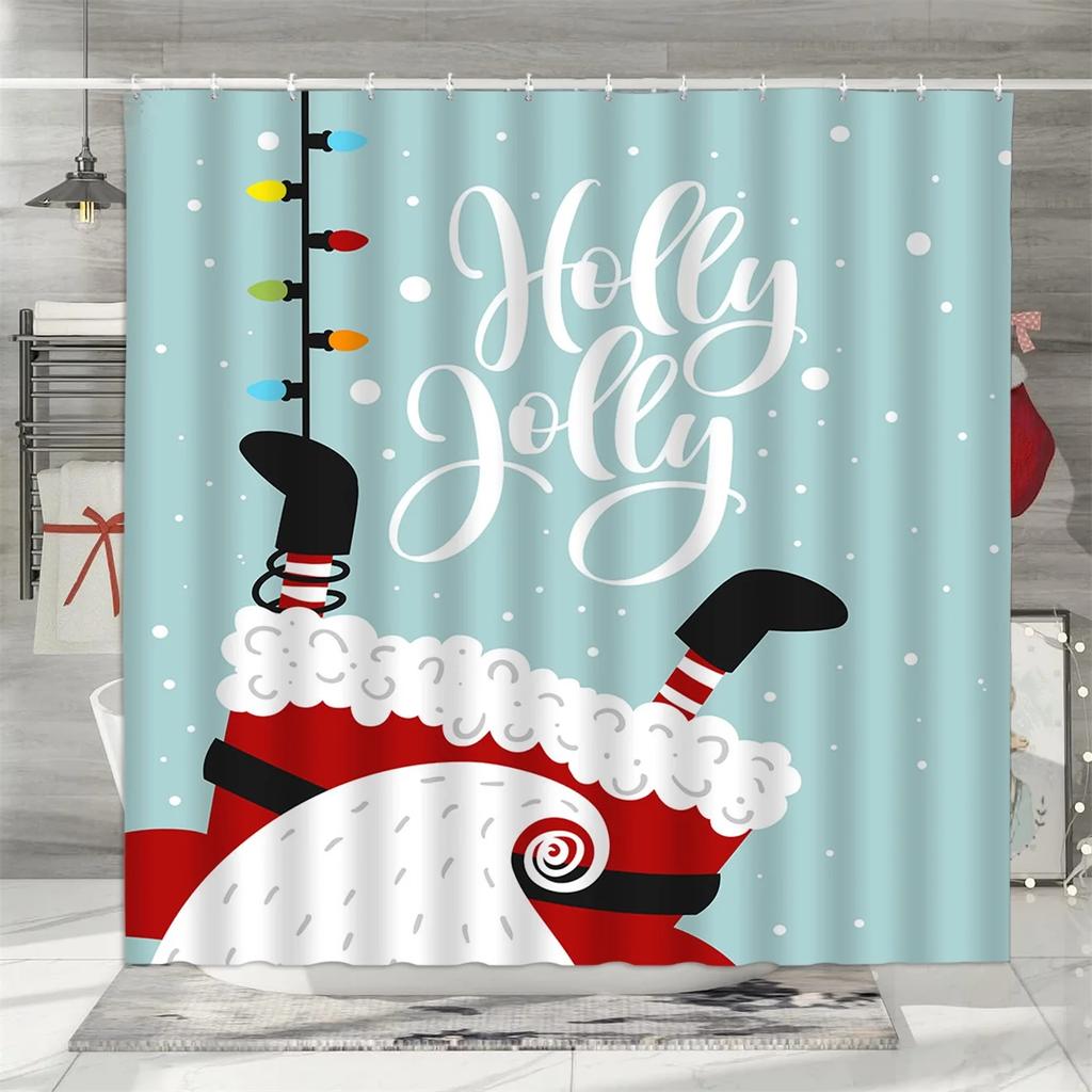 unframed Christmas Shower Curtain, Winter Snowman Father Christmas Farmhouse Truck Snowflake Christmas Tree Red Bird Bathroom De