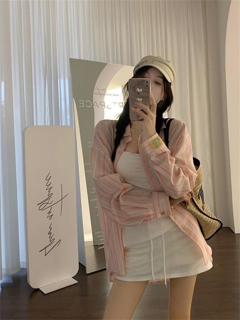 Women's Striped Polo Collar Long-Sleeved Sun Protection Shirt - Lightweight and Loose-Fitting for Summer