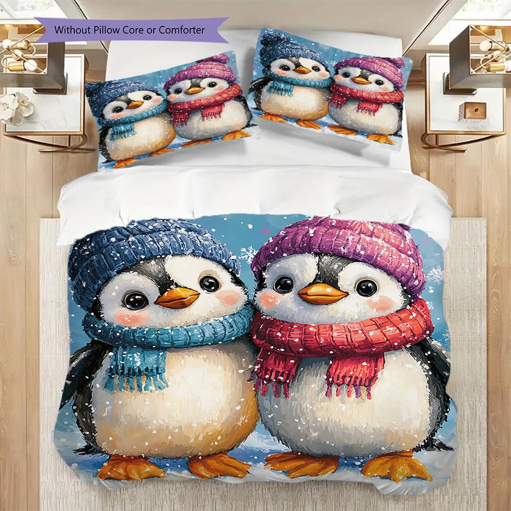 Penguin Pattern Bedding Quilt Set Quilt Cover Pillowcase Home Decoration Birthday Gift (1 * duvet cover + 2 * pillowcase, without core)