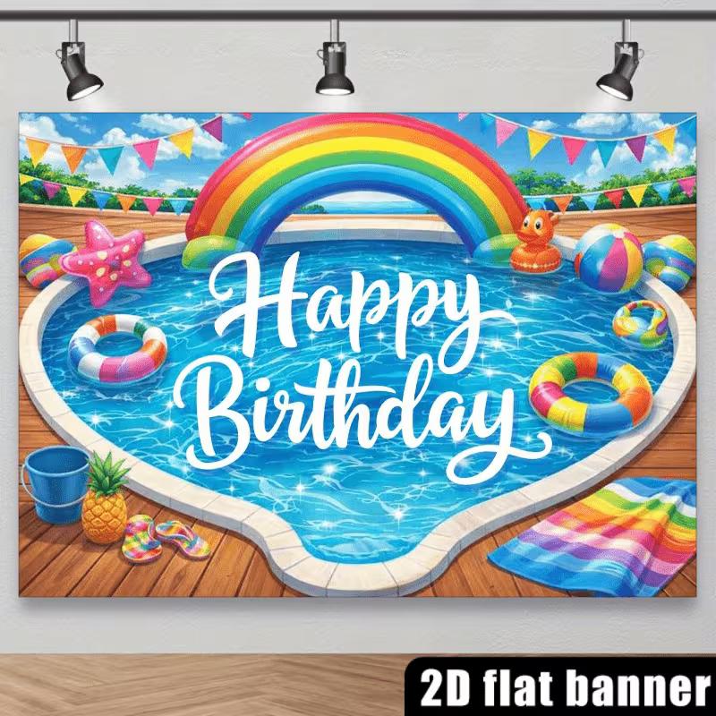 2D Rainbow Pool Party Backdrop Happy Birthday Beach Ball Banner