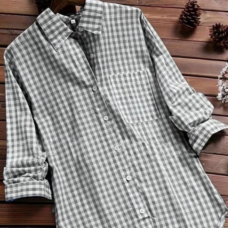 Retro Plaid Collar Long Sleeved Shirt for Women 100 Pure Cotton