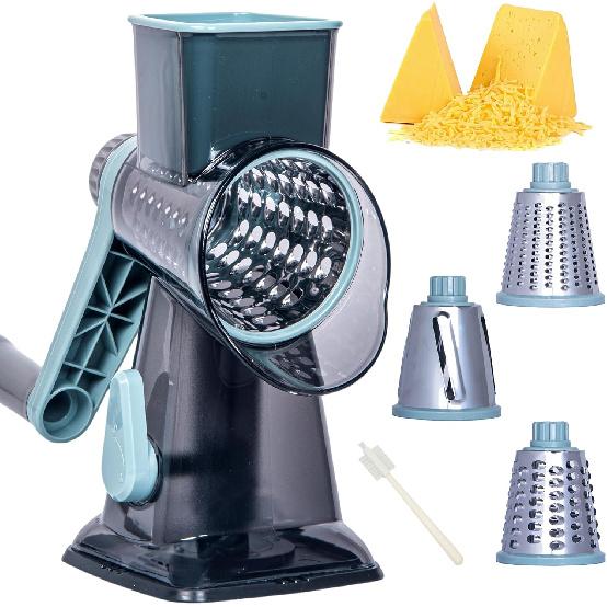 Rotary Cheese Grater Cheese Shredder, Cheese Grater Handheld with Strong Suction Base,Kitchen Vegetable Slicer 3 Replaceable Stainless Drum Blades
