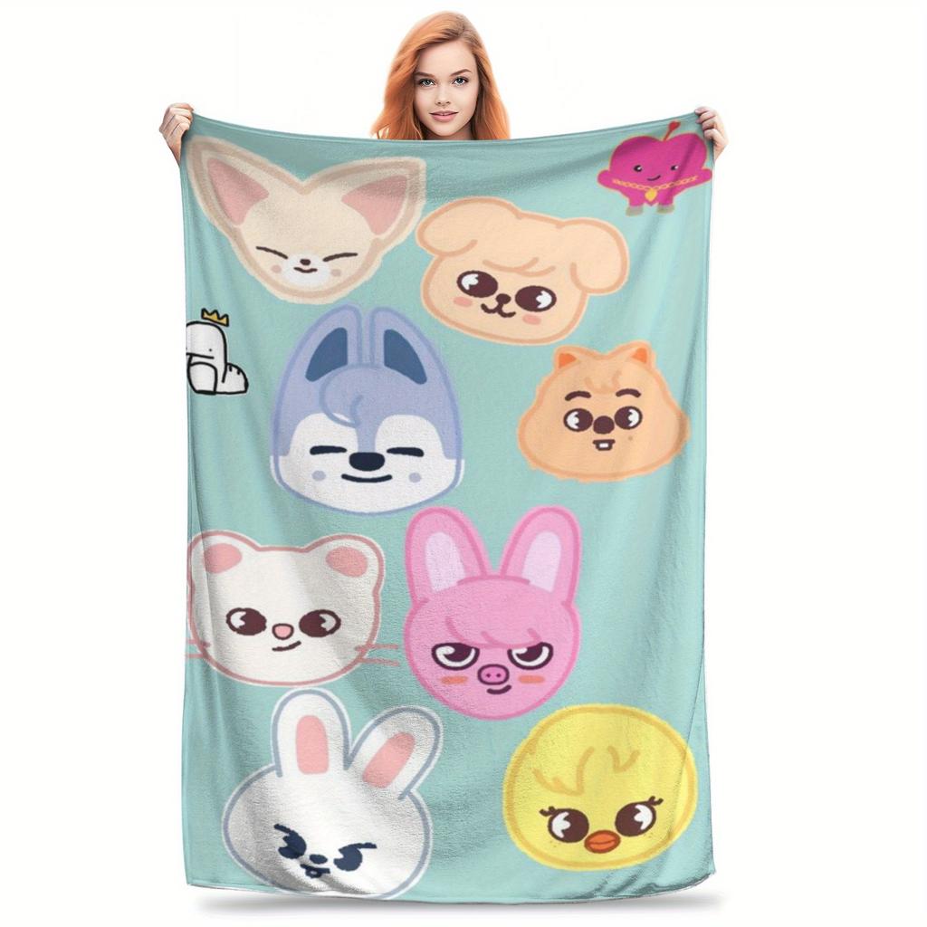Kpop Idol Cartoon Print Flannel Throw Blanket Soft Cozy Warm for Couch Bed Office Camping All Season Gift Idea