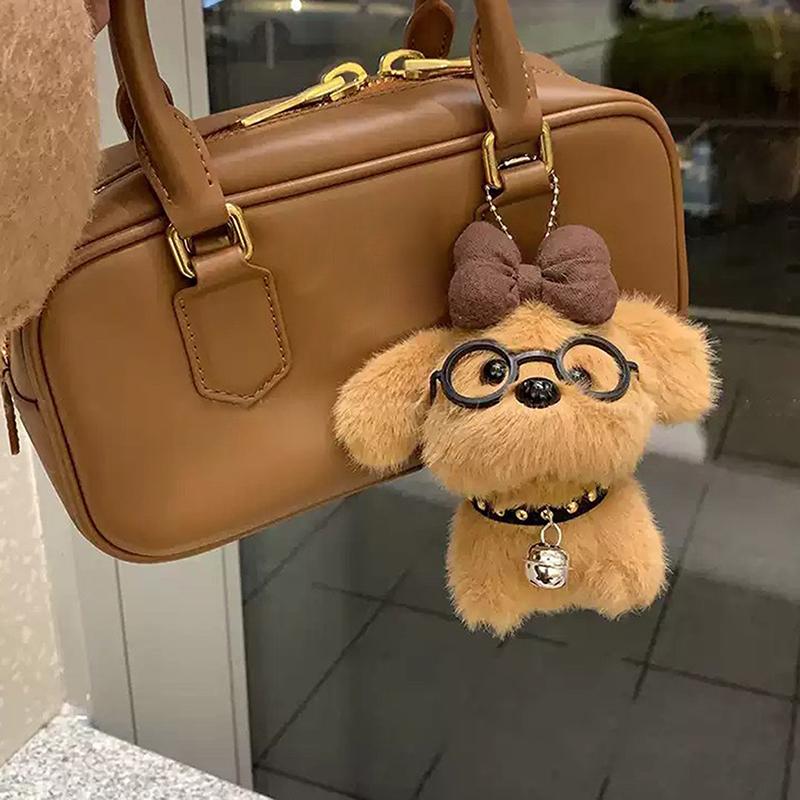 Cute Bow Glasses Puppy Keychain Cartoon Stuffed Dog Doll Keyring Lovely Backpack Pendant Decoration Car Key Holder For Girl Gift