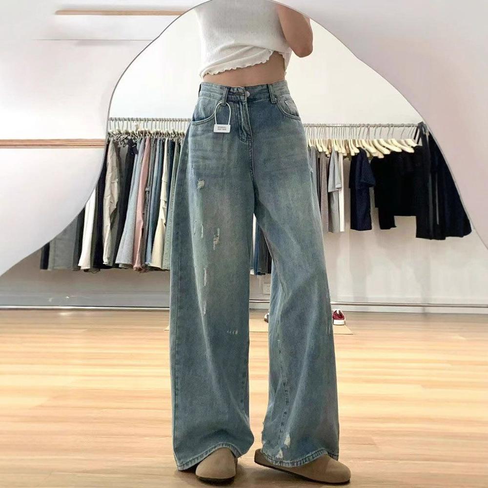 Loose Big Yards Torn Wide-legged Jeans Women Spring and Summer Thin High-waisted Crotch-shading Straight Pants Retro Baggy Long Jeans for Ladies