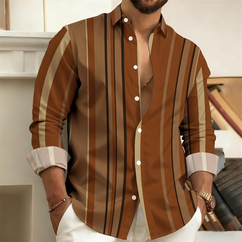 Men's Color-Blocked Striped Long-Sleeve Shirt, Retro Style Business Casual Shirt, Slim Fit Men's Trendy Top