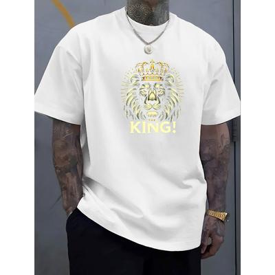 Herrtröja med kungkrona och tryck i europeiska storlekar | Mjuk ribbad krage, gyllene och vit sommartröja med streetwear-motiv