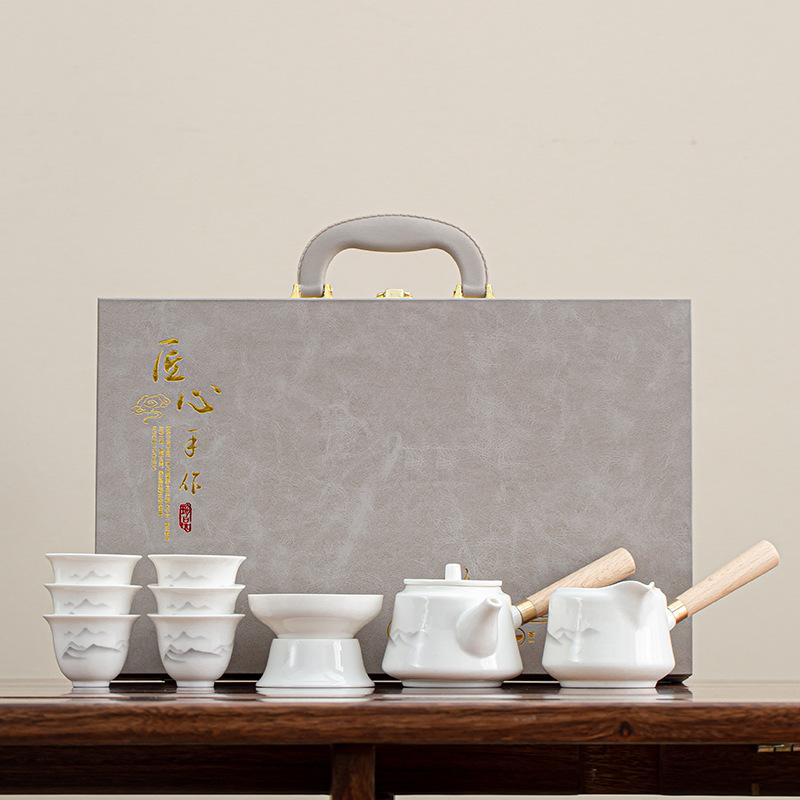 Suet jade tea set, kung fu set, white porcelain office household teapot cover bowl teacup